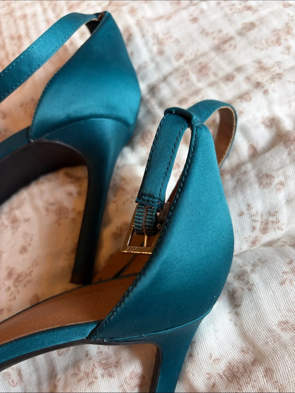 Teal Satin Ankle-Strap Evening Heels with Crystal Accent
